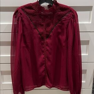 Aqua Red Smocked Long Sleeve Blouse